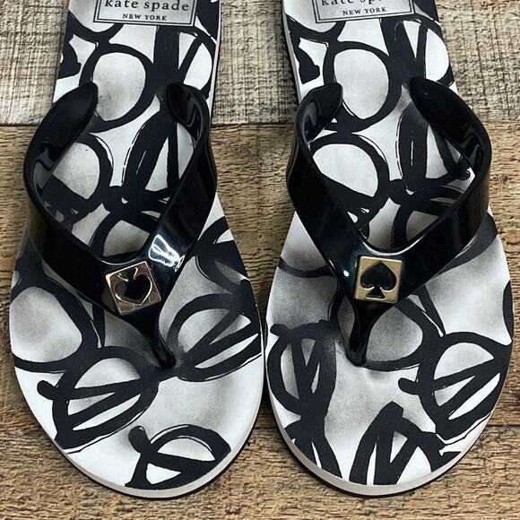 Kate Spade Glasses Pattern Flip Flop Thong Sandals Black White Size Small 5 6 - Picture 2 of 8